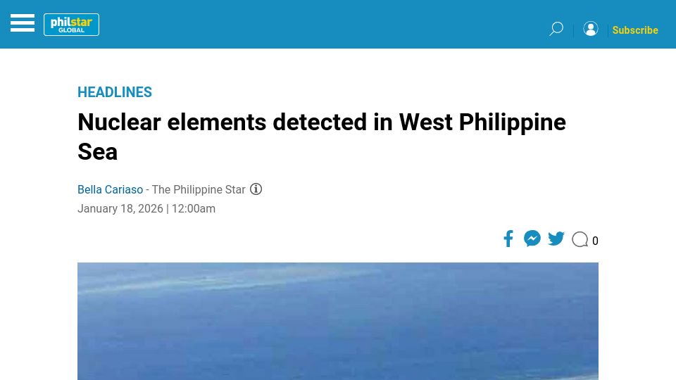 Screenshot of philstar.com: Nuclear elements detected in West Philippine Sea