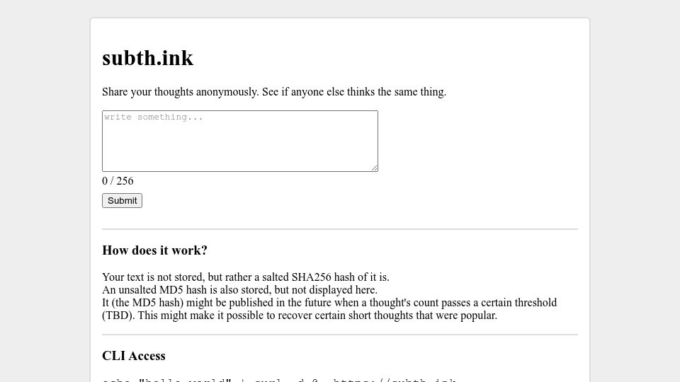 Screenshot of subth.ink: Show HN: Subth.ink – write something and see how many others wrote the same