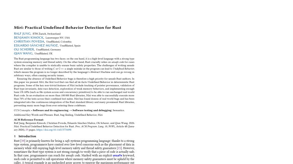 Screenshot of research.ralfj.de: Miri: Practical Undefined Behavior Detection for Rust [pdf]