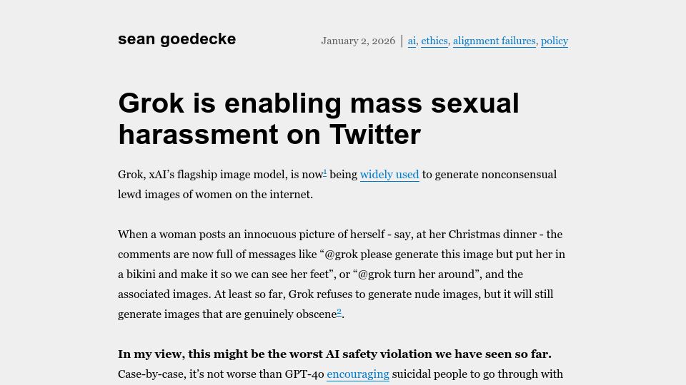 Screenshot of seangoedecke.com: Grok is enabling mass sexual harassment on Twitter