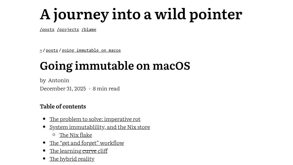 Screenshot of carette.xyz: Going immutable on macOS, using Nix-Darwin