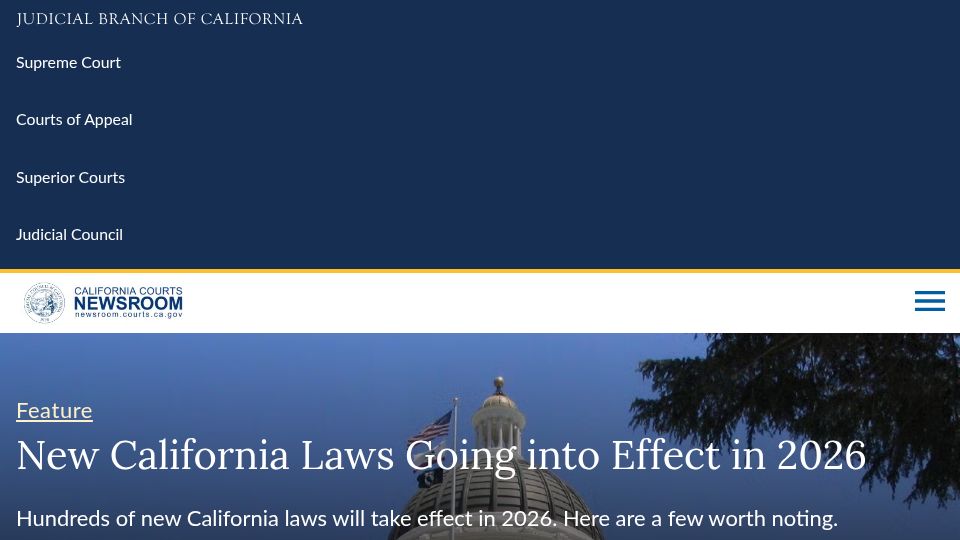 Screenshot of newsroom.courts.ca.gov: New California Laws Going into Effect in 2026