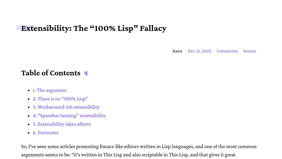 Screenshot of kyo.iroiro.party: Extensibility: The "100% Lisp" Fallacy