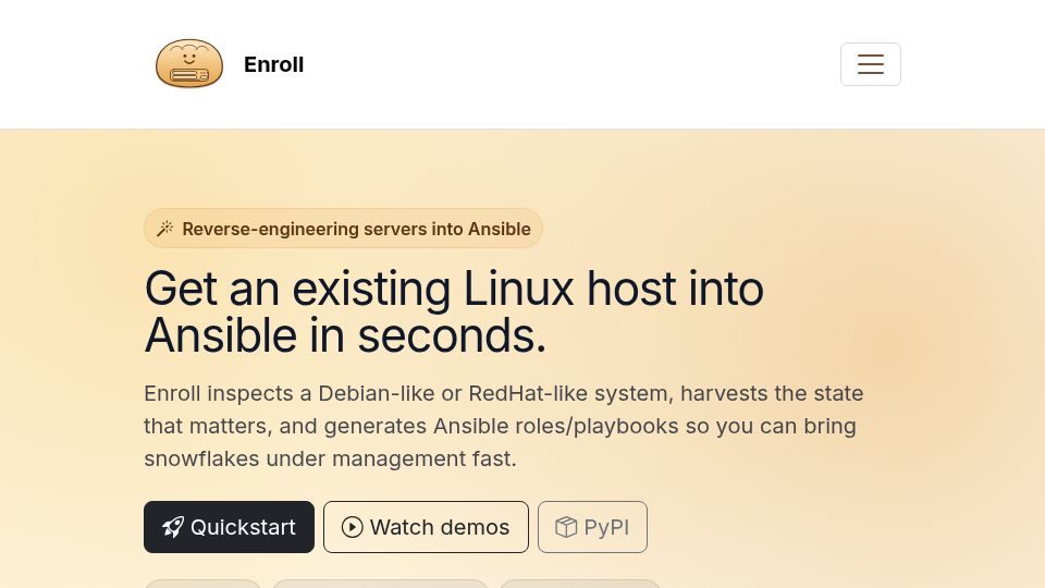 Screenshot of enroll.sh: Show HN: Enroll, a tool to reverse-engineer servers into Ansible config mgmt
