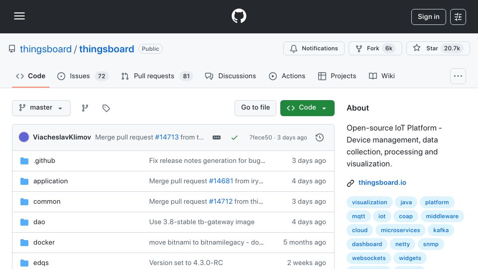 Screenshot of github.com: ThingsBoard: Open-Source IoT Platform