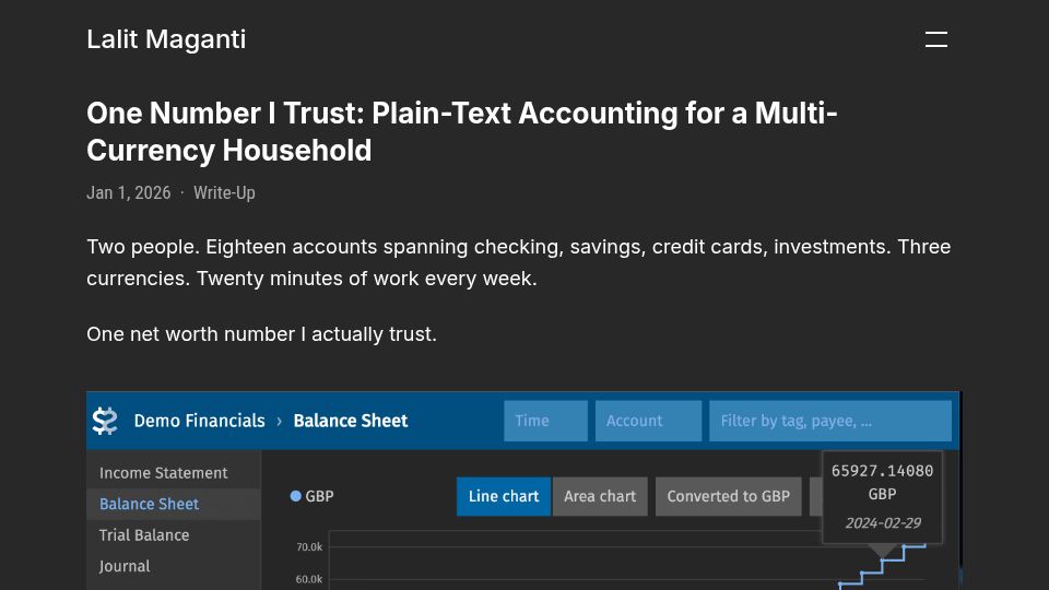Screenshot of lalitm.com: One Number I Trust: Plain-Text Accounting for a Multi-Currency Household