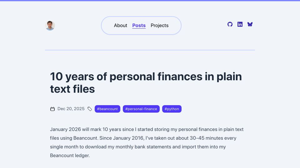 Screenshot of sgoel.dev: 10 years of personal finances in plain text files