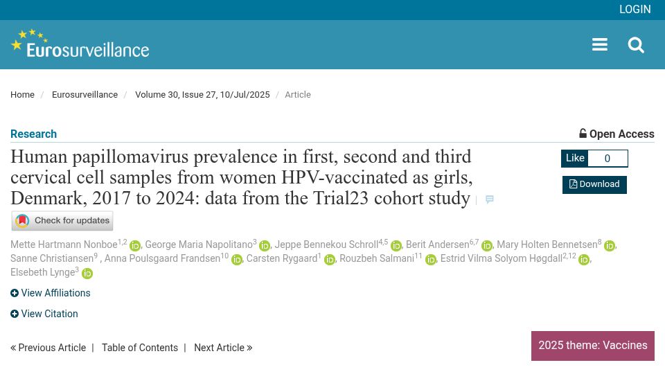 Screenshot of eurosurveillance.org: HPV vaccination reduces oncogenic HPV16/18 prevalence from 16% to <1% in Denmark