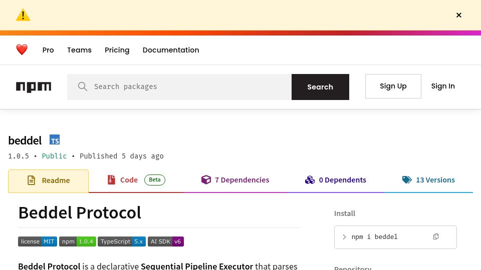 Screenshot of npmjs.com: Beddel Protocol: Sequential Pipeline Executor (YAML)