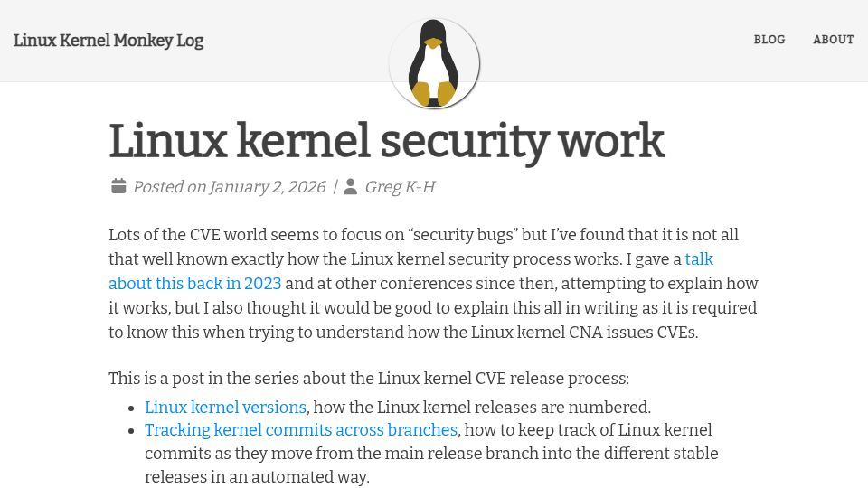 Screenshot of kroah.com: Linux kernel security work