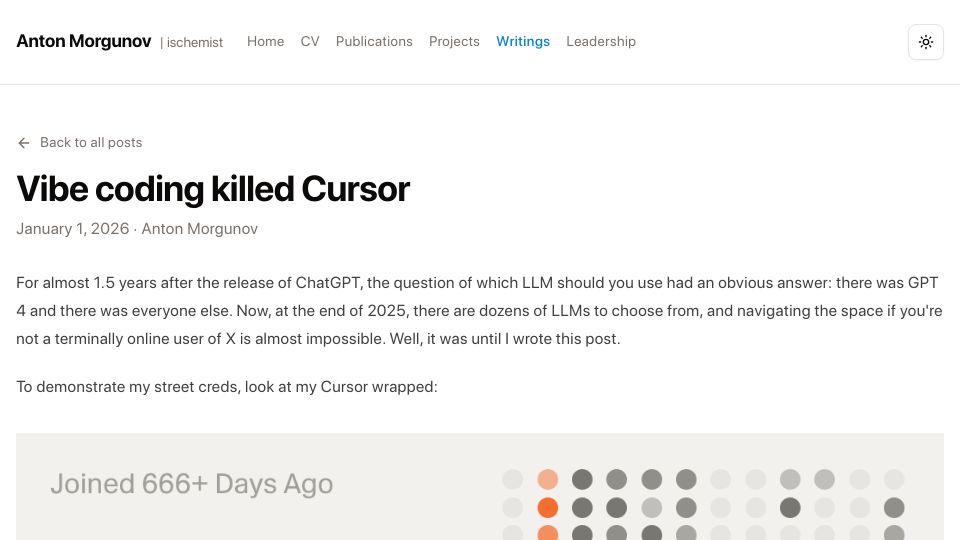 Screenshot of ischemist.com: Vibe Coding Killed Cursor