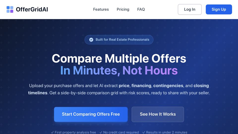 Screenshot of offergridai.com: Show HN: OfferGridAI – side-by-side comparison of real estate offers from PDFs