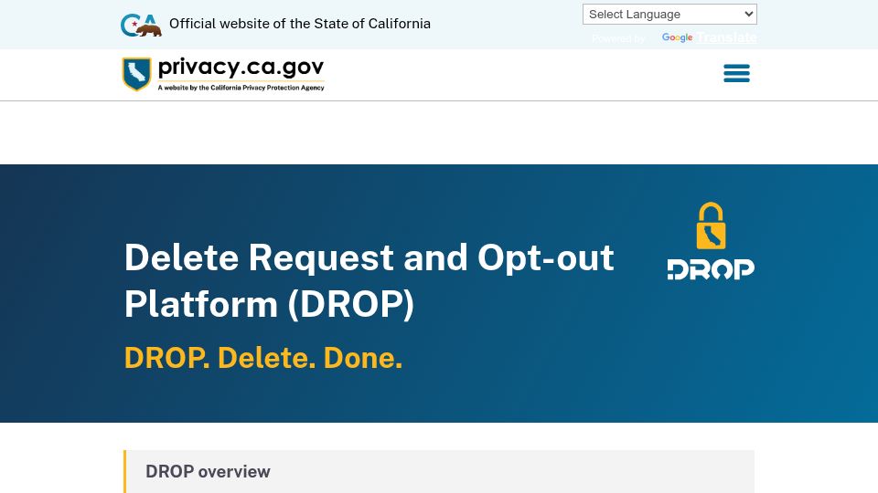 Screenshot of privacy.ca.gov: California Delete Request and Opt-out Platform (DROP)