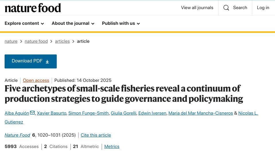 Screenshot of nature.com: Five archetypes of small-scale fisheries reveal a continuum of strategies