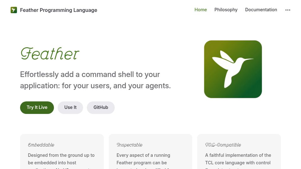 Screenshot of feather-lang.dev: Show HN: Feather – a fresh Tcl reimplementation (WASM, Go)