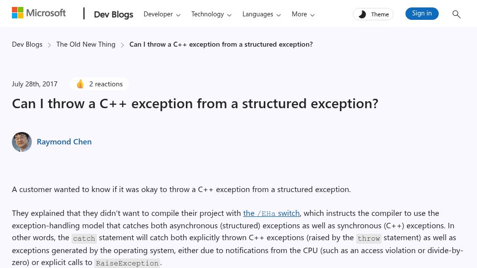 Screenshot of devblogs.microsoft.com: Can I throw a C++ exception from a structured exception?