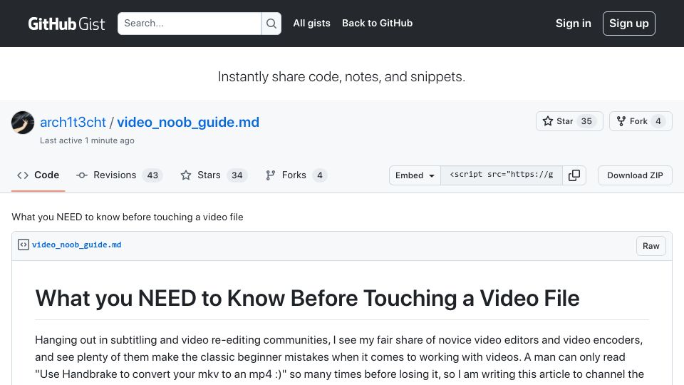 Screenshot of gist.github.com: What you need to know before touching a video file