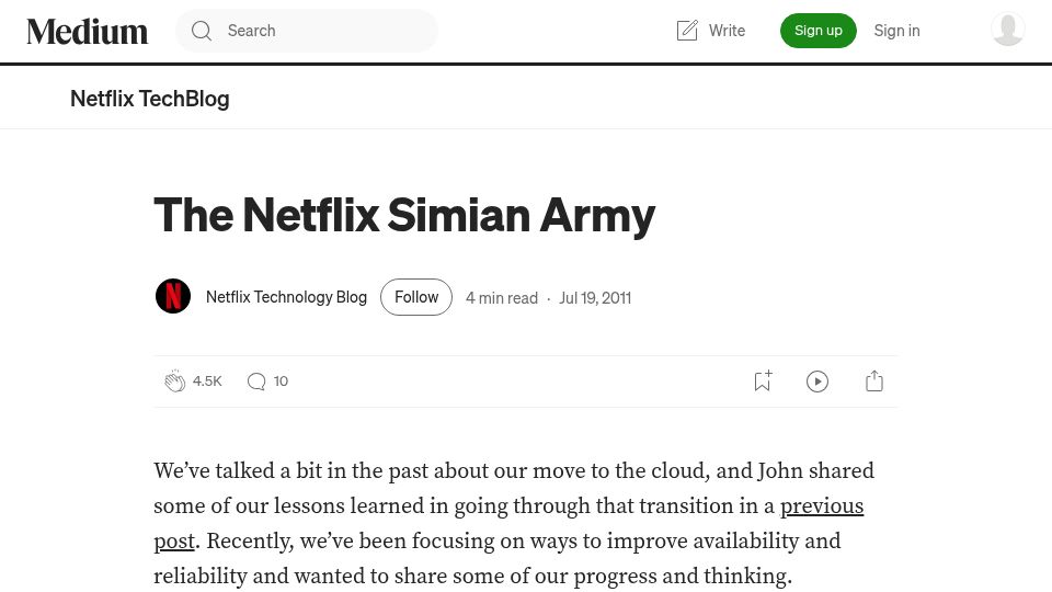 Screenshot of netflixtechblog.com: The Netflix Simian Army (2011)