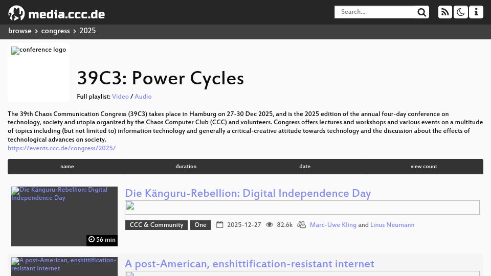 Screenshot of media.ccc.de: 39th Chaos Communication Congress Videos