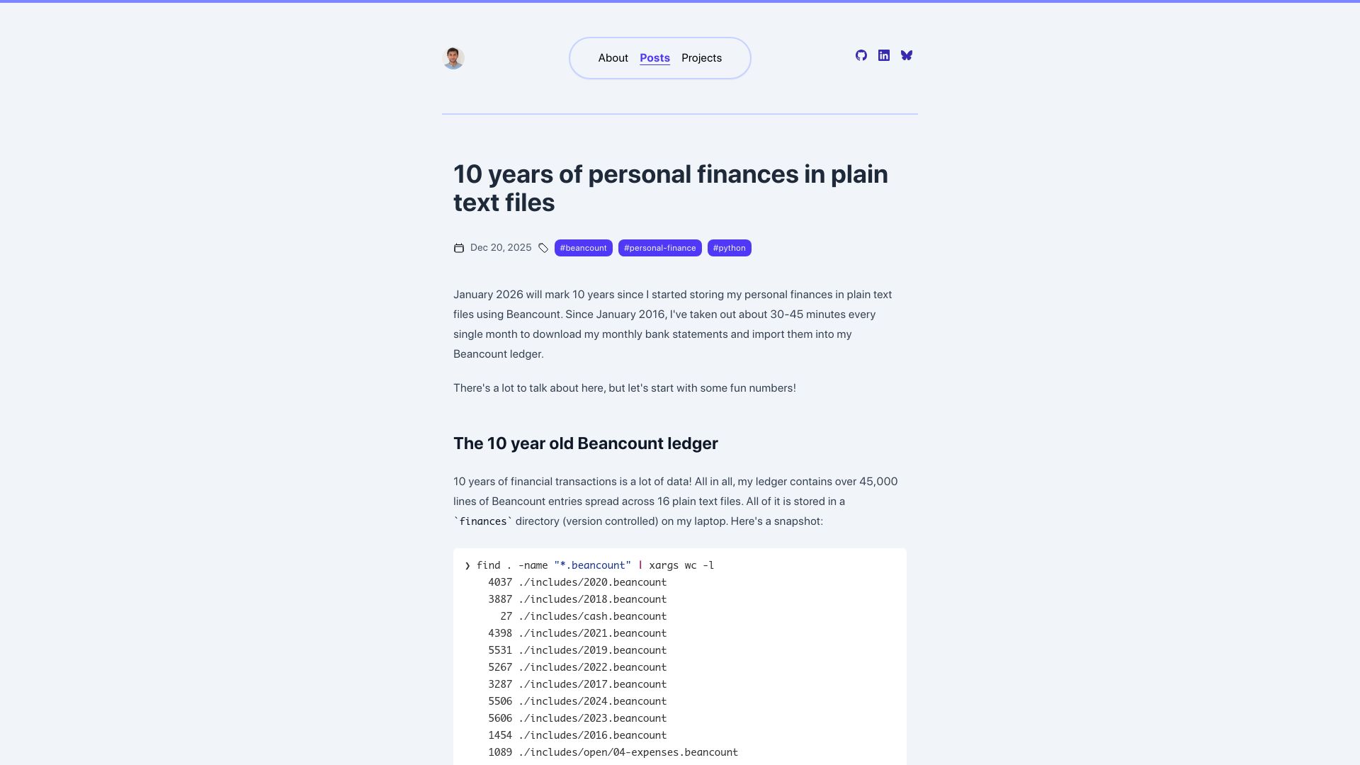 Screenshot of sgoel.dev: 10 years of personal finances in plain text files