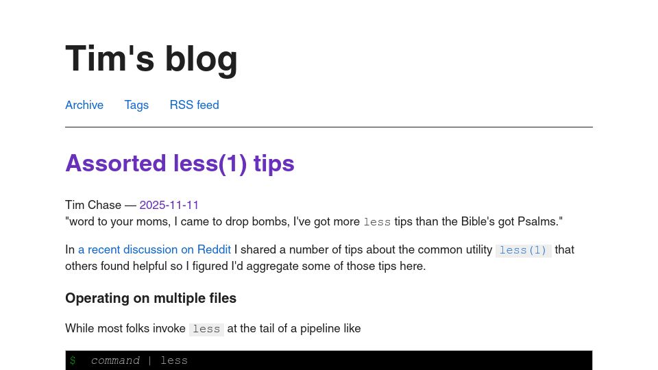 Screenshot of blog.thechases.com: Assorted less(1) tips
