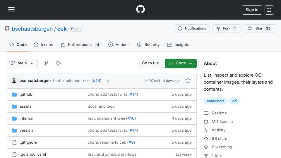 Screenshot of github.com: List, inspect and explore OCI container images, their layers and contents