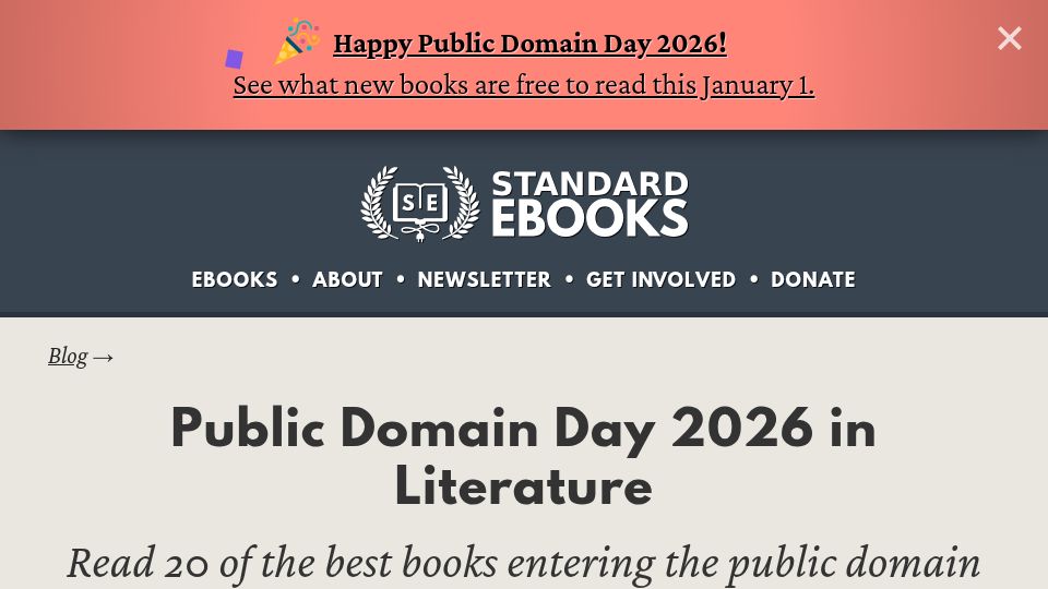 Screenshot of standardebooks.org: Standard Ebooks: Public Domain Day 2026 in Literature