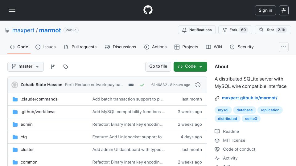 Screenshot of github.com: Marmot – A distributed SQLite server with MySQL wire compatible interface