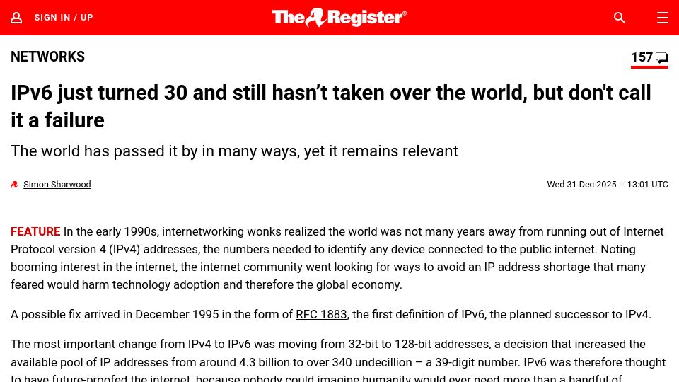 Screenshot of theregister.com: IPv6 just turned 30 and still hasn't taken over the world