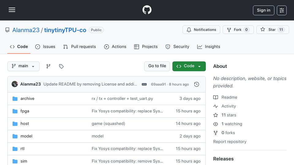 Screenshot of github.com: TinyTinyTPU: 2×2 systolic-array TPU-style matrix-multiply unit deployed on FPGA