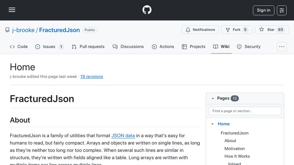 Screenshot of github.com: FracturedJson