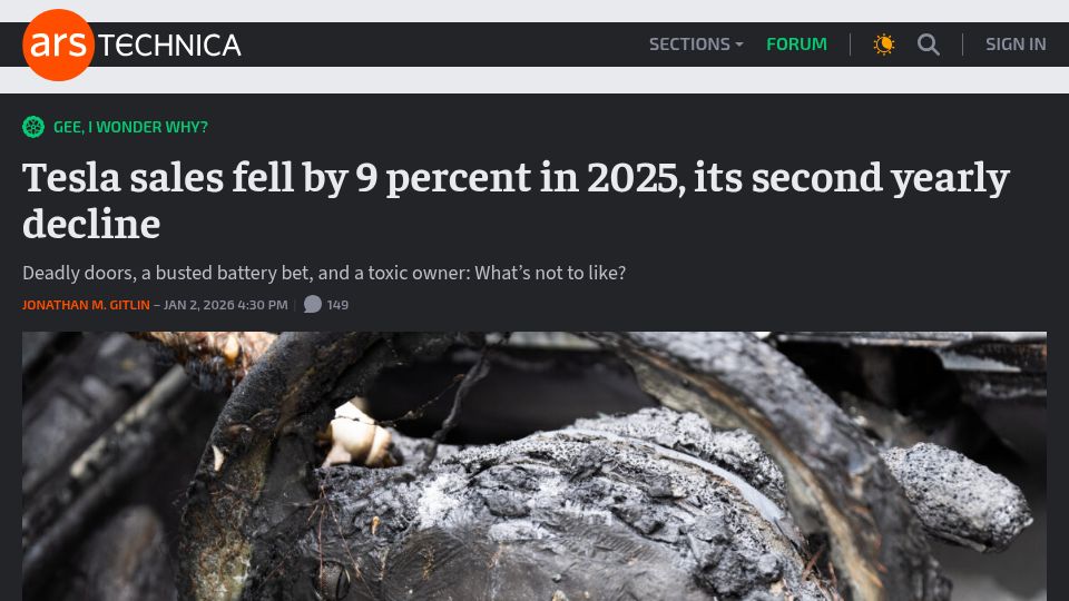Screenshot of arstechnica.com: Tesla sales fell by 9 percent in 2025, its second yearly decline