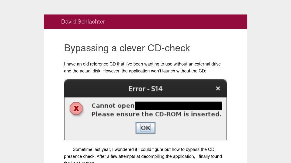 Screenshot of davidschlachter.com: Bypassing a Clever CD-Check