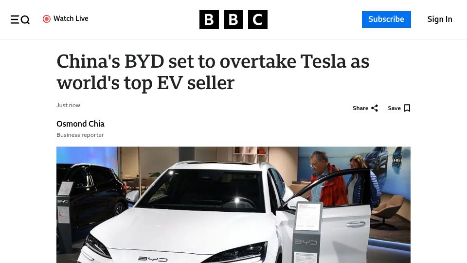 Screenshot of bbc.com: China's BYD set to overtake Tesla as top EV seller