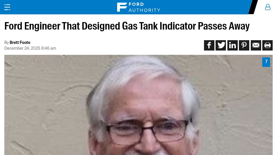 Screenshot of fordauthority.com: James Moylan, engineer behind arrow signaling which side to refuel a car, dies
