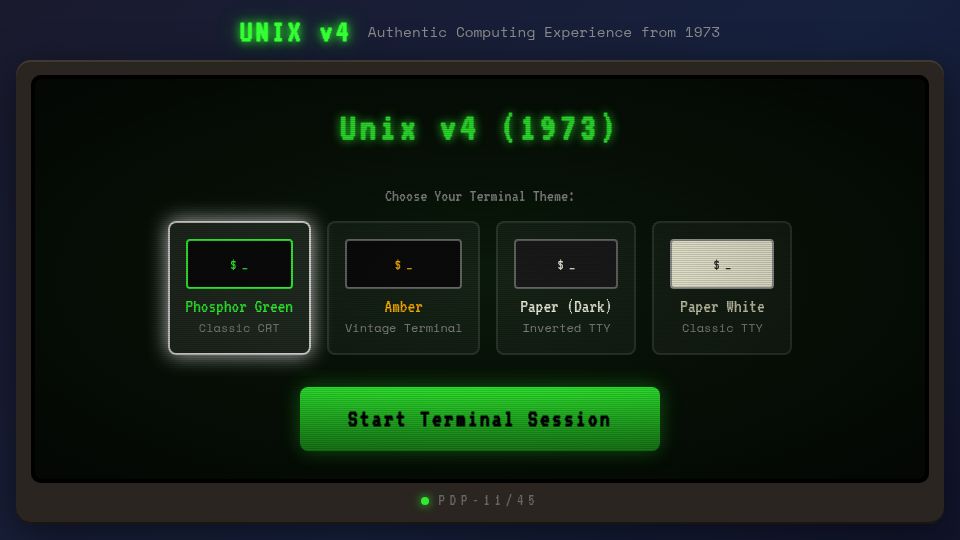 Screenshot of unixv4.dev: Unix v4 (1973) – Live Terminal