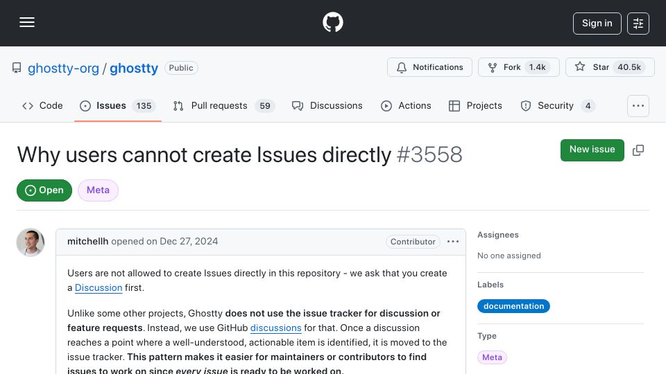 Screenshot of github.com: Why users cannot create Issues directly