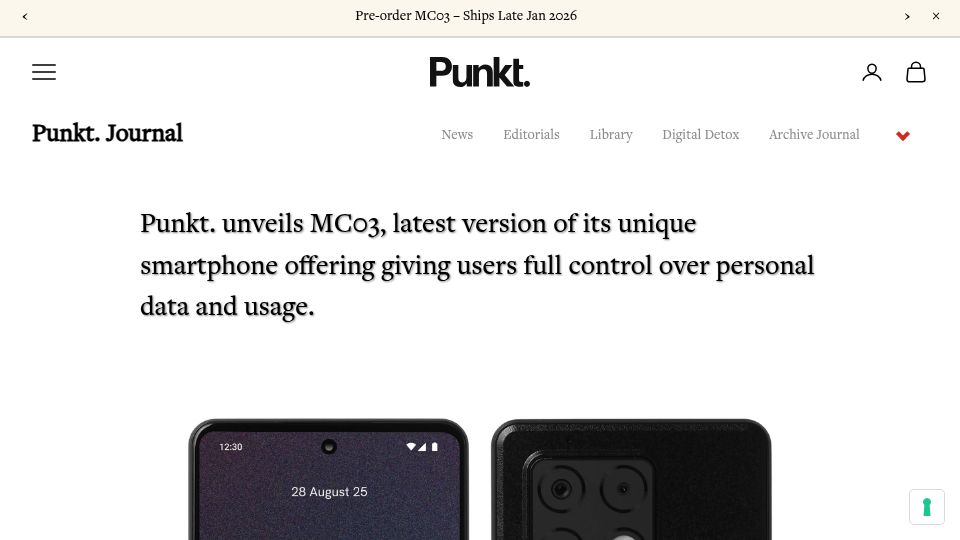 Screenshot of punkt.ch: Punkt. Unveils MC03 Smartphone