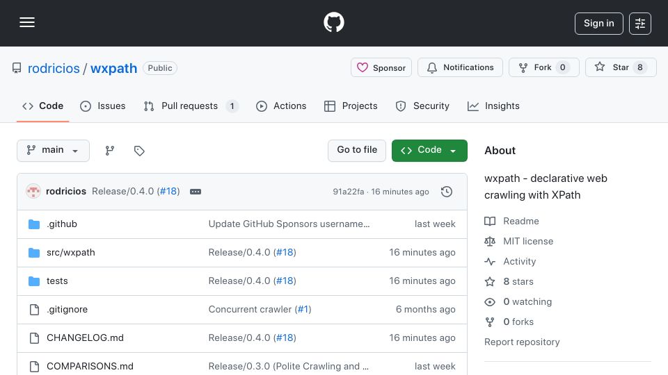 Screenshot of github.com: Show HN: wxpath – Declarative web crawling in XPath
