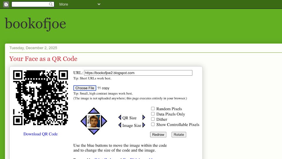 Screenshot of bookofjoe2.blogspot.com: Face as a QR Code