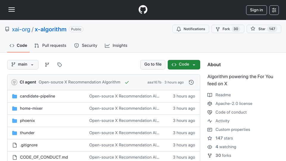 Screenshot of github.com: X For You Feed Algorithm
