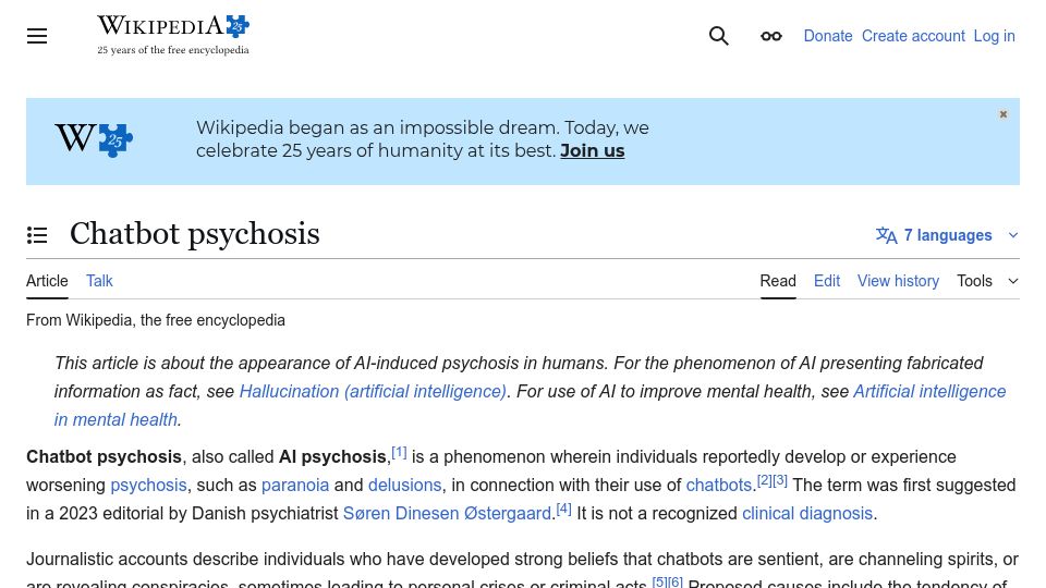 Screenshot of en.wikipedia.org: Chatbot Psychosis
