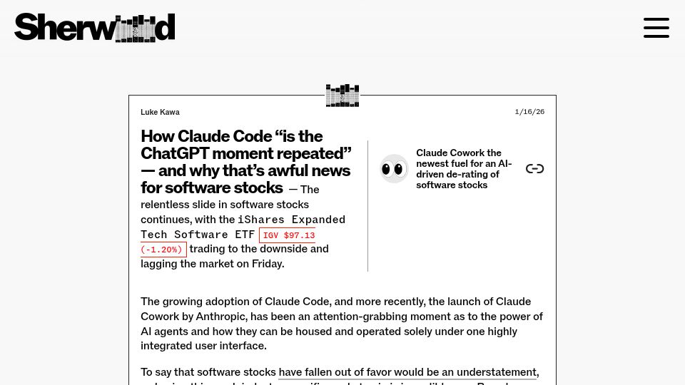 Screenshot of sherwood.news: Claude Code is the ChatGPT moment repeated and awful news for software stocks