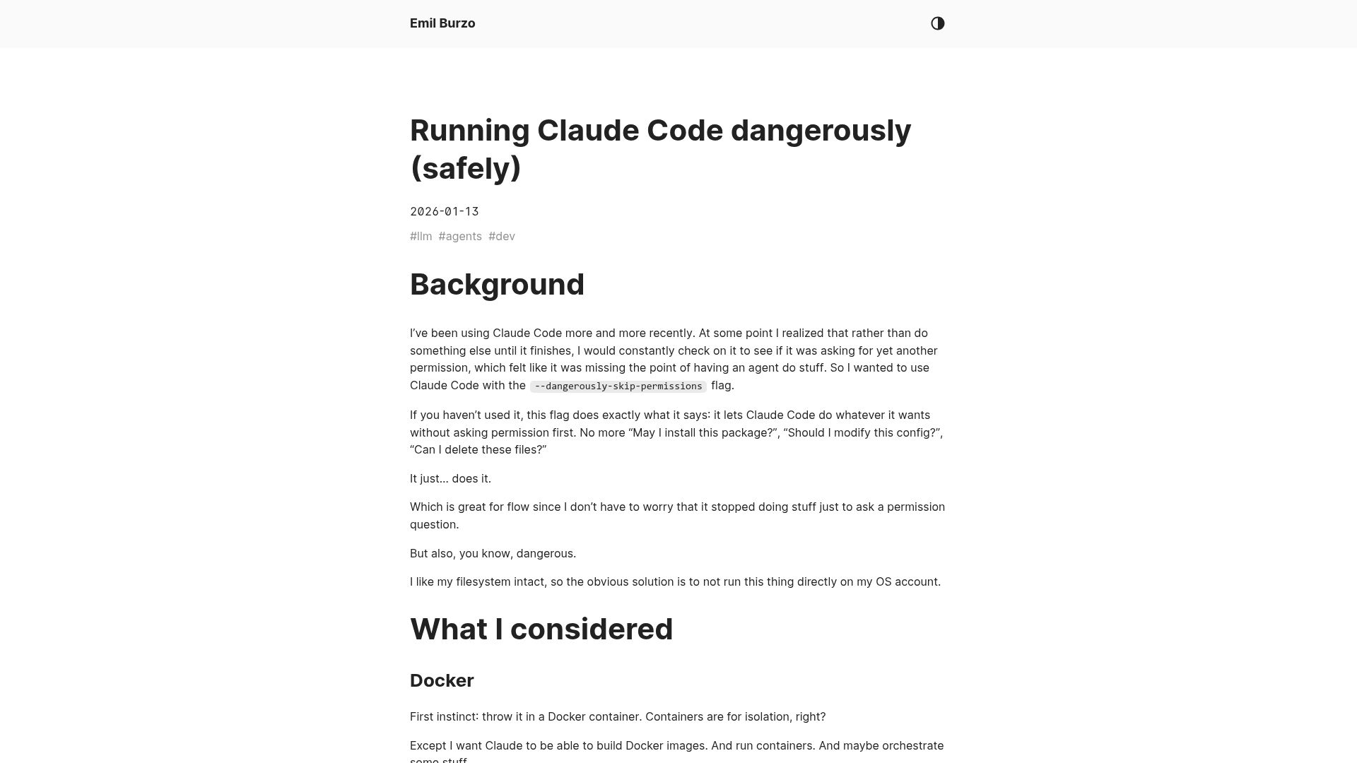 Screenshot of blog.emilburzo.com: Running Claude Code dangerously (safely)