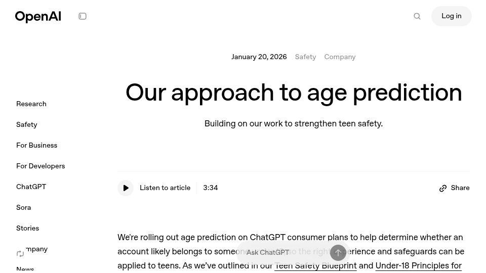 Screenshot of openai.com: Our approach to age prediction