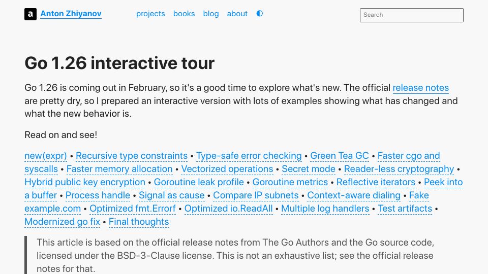 Screenshot of antonz.org: Go 1.26 Interactive Tour