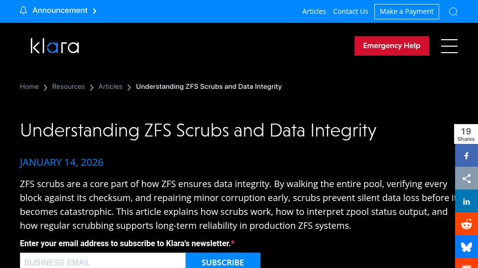 Screenshot of klarasystems.com: Understanding ZFS Scrubs and Data Integrity
