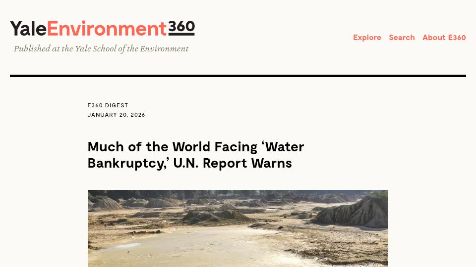 Screenshot of e360.yale.edu: Much of the World Facing 'Water Bankruptcy,' U.N. Report Warns