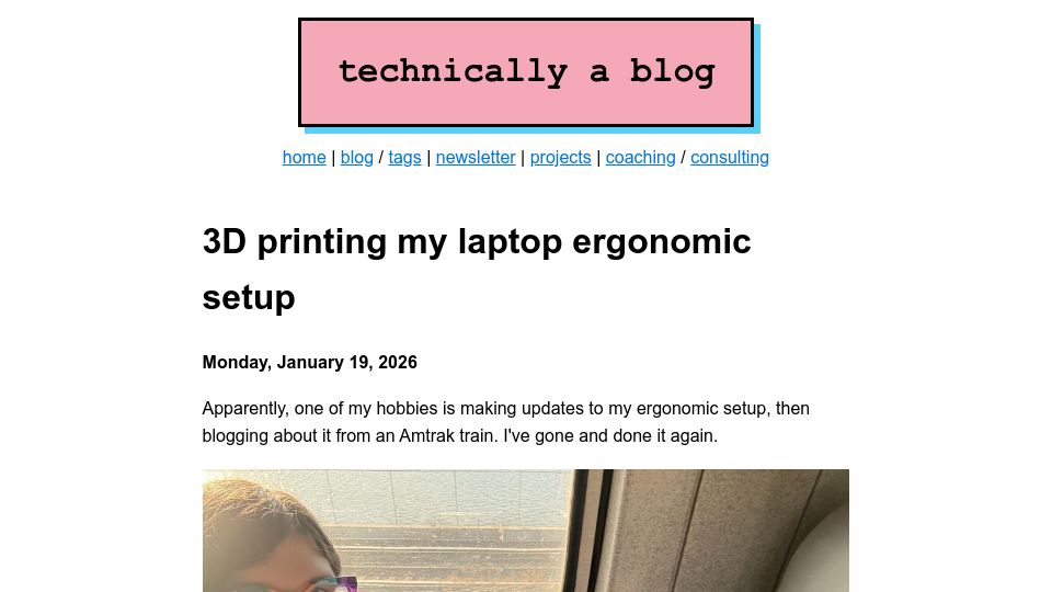 Screenshot of ntietz.com: 3D printing my laptop ergonomic setup