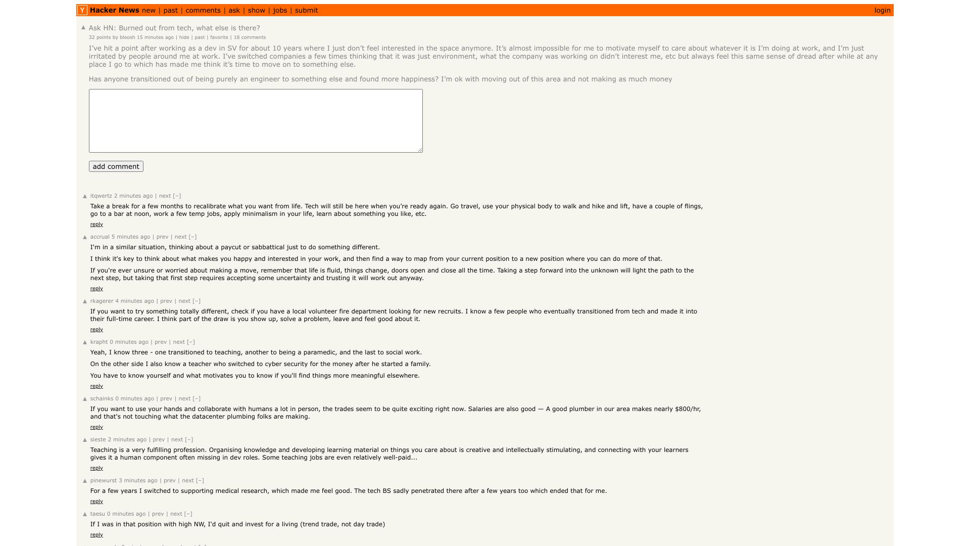 Screenshot of this Hacker News post: Ask HN: Burned out from tech, what else is there?